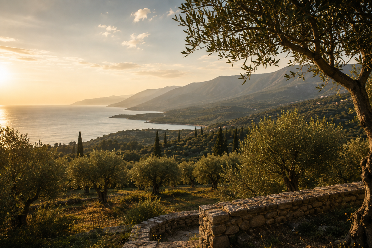 A scenic landscape photograph of a coastal bay surrounded by mountains, olive trees, and a stone wall, captured during golden hour with warm sunlight and soft clouds.